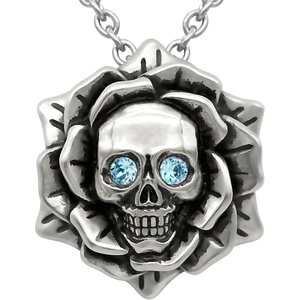image:imageSkull Rose Birthstone Necklace With Crystal 17  19 Adjustable Chain03March  Blue