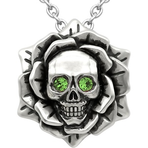 image:imageSkull Rose Birthstone Necklace With Crystal 17  19 Adjustable Chain08August  Light Green